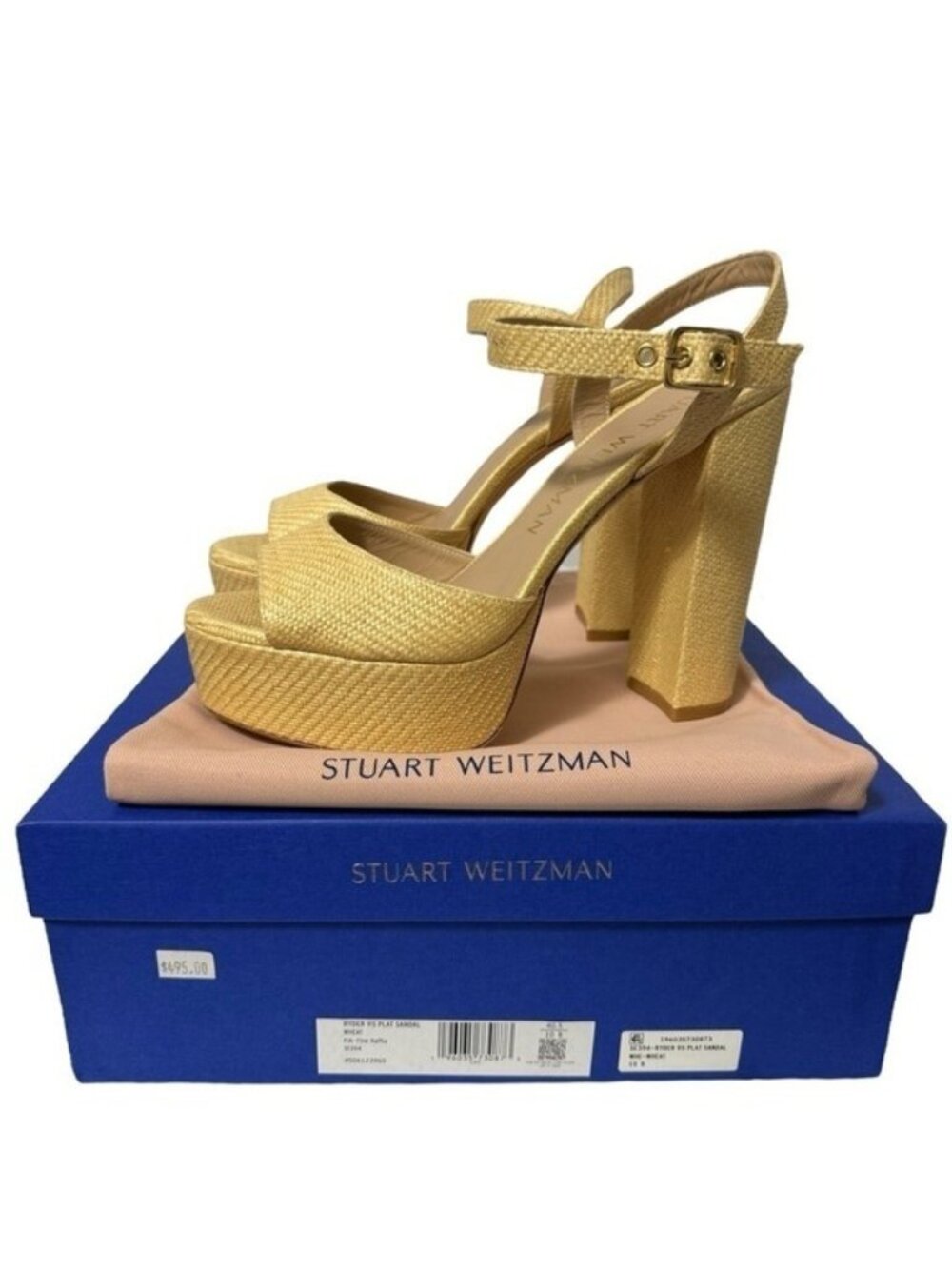 NWT Stuart Weitzman Ryder 95 Tan Platform Sandal Wheat Textured Rafia Size 10